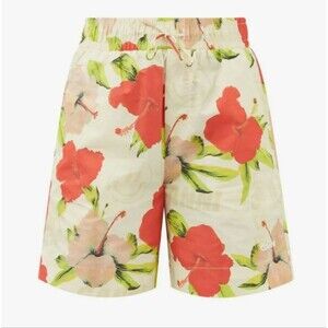GANNI Hawaii Floral-Print Surfer Short Graphic Rutabagas Red Cream Green Size L